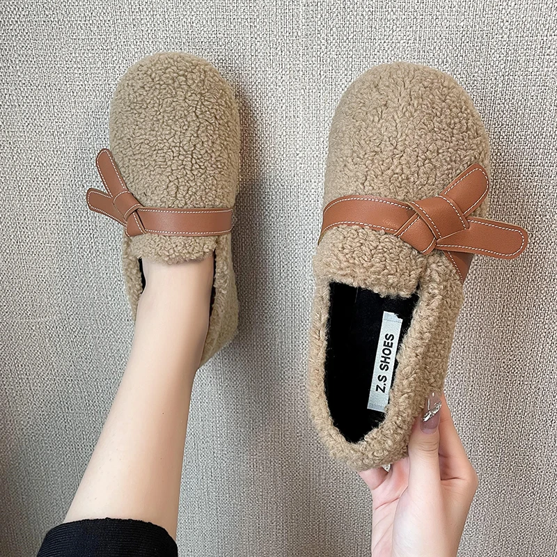 Plush Cotton Shoes 2022 New Fashion Women's Shoes Lamb Wool Plus Velvet Thick Bottom Bow Two Wear Women's Slippers