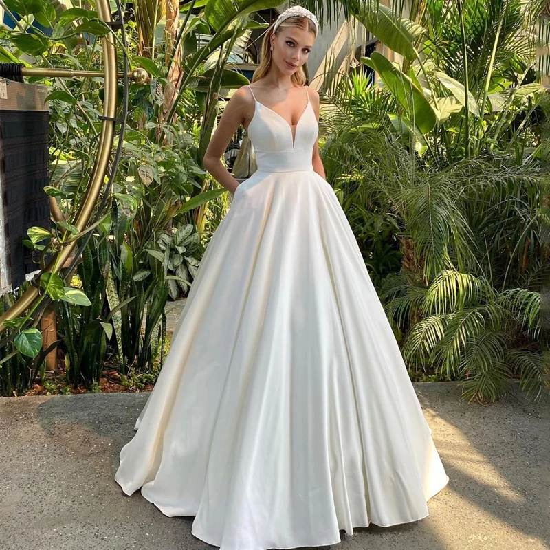 

V Neck Bridal Gown for Women Backless Bride Dress A Line Satin Wedding Dresses for Bride Elegant Women Dress for Party