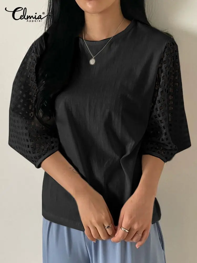 

Блузка Celmia женская с круглым вырезом, однотонная Модная рубашка в клетку с рукавом 2022, офисный Свободный Топ, праздничные корейские туники, ...