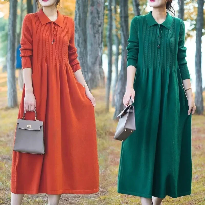 

Осенне-зимнее новое шерстяное платье, женское длинное свободное платье-поло выше колена, универсальное трикотажное платье в западном стиле, длинное платье
