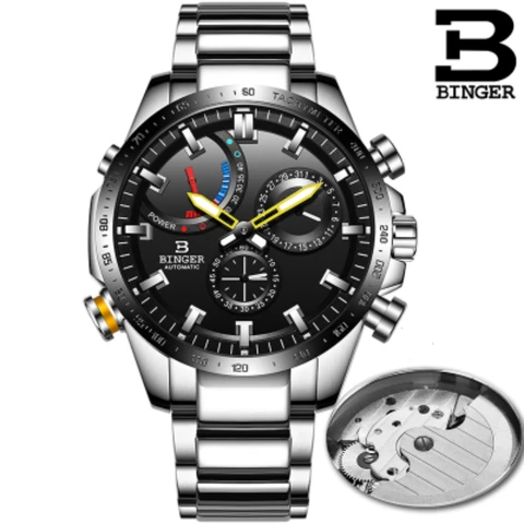 Оригинальные роскошные швейцарские мужские часы марки BINGER автоматические механические светящиеся водонепроницаемые часы с браслетом из энергетической стали мужской календарь