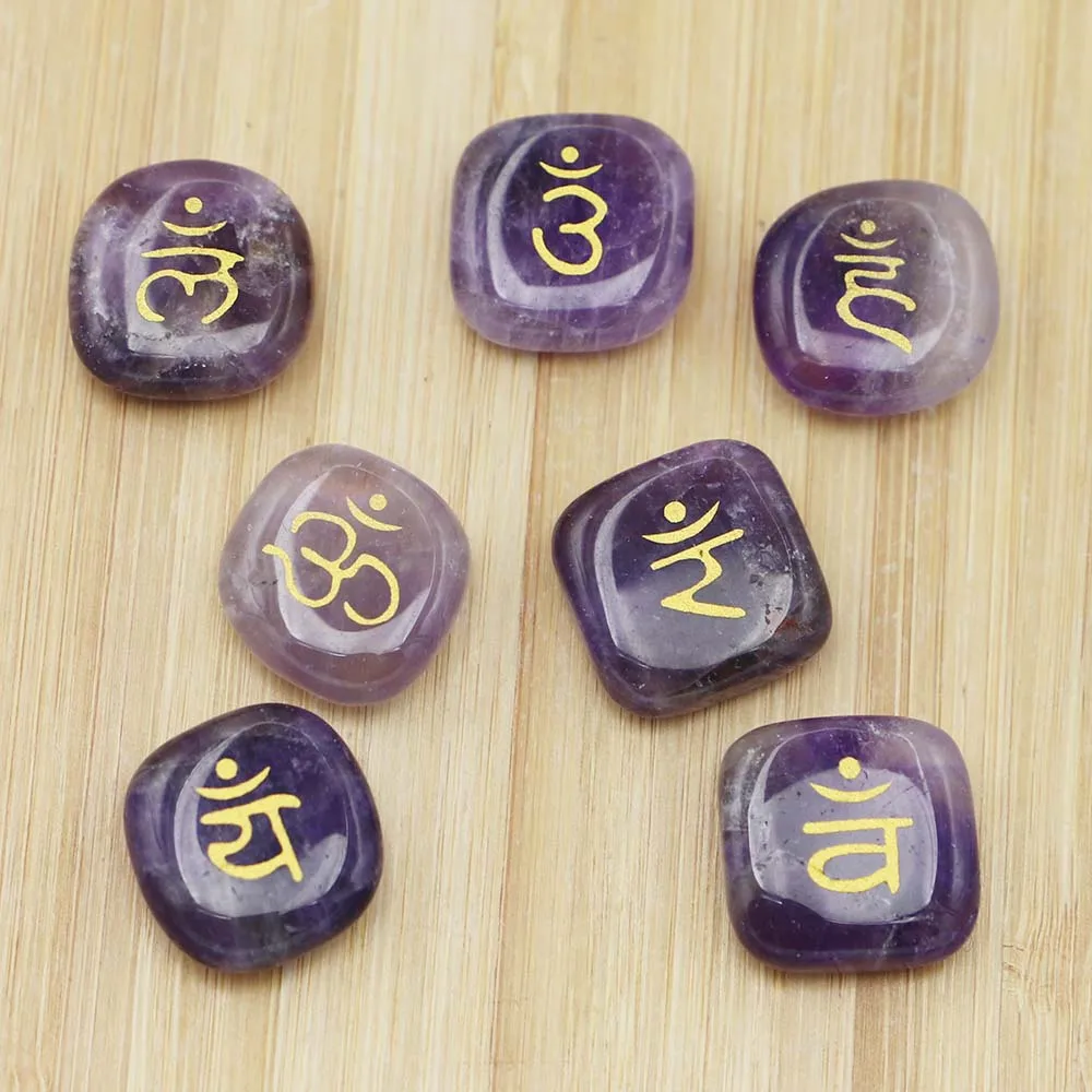 Natural Divination Stone Amethyst Prints Symbols Round Shape Polished Palm Chakra Reiki Crystal Fortune Telling Specimen Healing