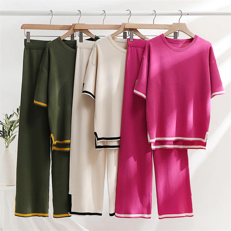 

Summer Ice Knitted Outfits For Women Short Sleeve T-shirt & PantsTwo Piece Set Elegant Pants Sets Ladies Fashion Causal Suit