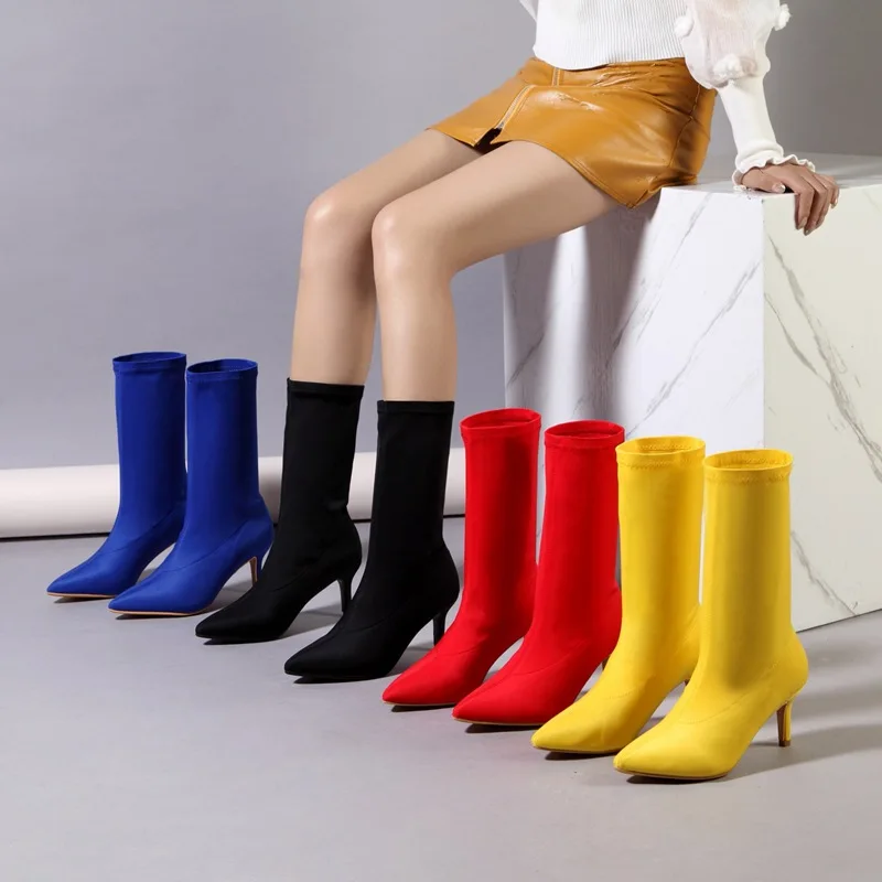 

Plus Size 41 42 OL Fashion Mid-Calf Boots Women Party Shoes Pointed-toe Flock Stiletto heel Female Stretch Boots Sexy Club Boots