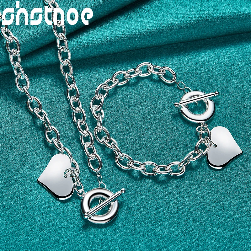 

2pcs 925 Sterling Silver High Quality Jewelry Sets Gift Heart OT Buckle Chain Necklace Bracelets For Woman Christmas Valentine's