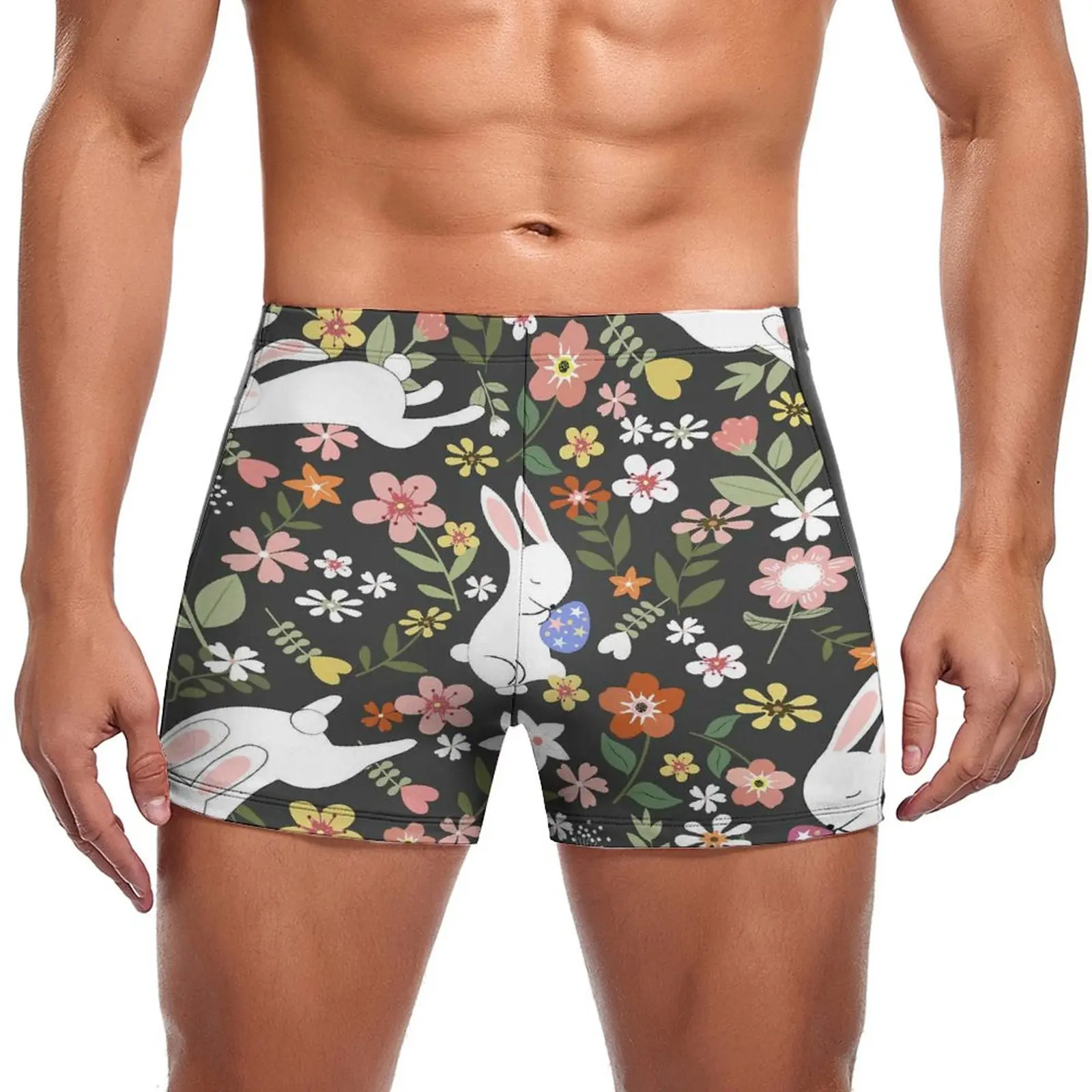 

Easter Floral Print Swimming Trunks White Bunnies Custom Elastic Swim Boxers Beach Plus Size Men Swimsuit