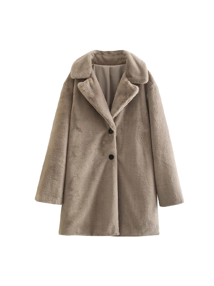 

Women 2022 Autumn WinterNew Fashion Artificial Fur Effect Overcoat Coat Long Sleeve Female Outerwear Chic Tops