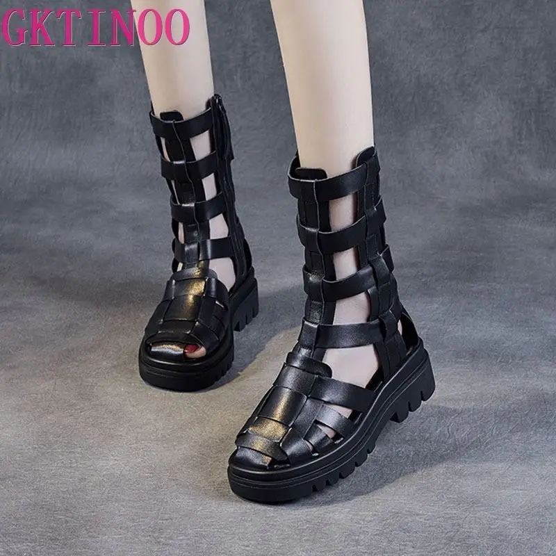 

GKTINOO Women Gladiator Sandals 100% Genuine Leather Hollow Wedges Platform Sandals Women Summer Casual Cool Boots Handmade