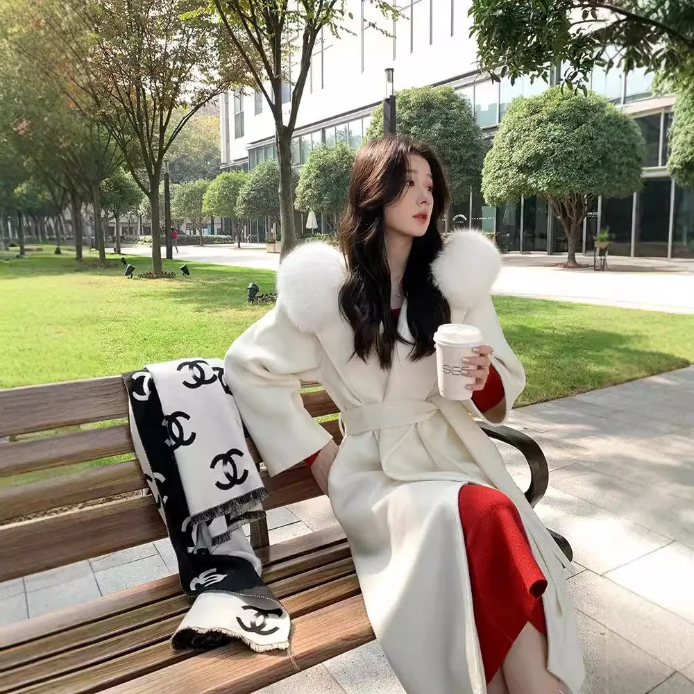 French Lazy 2024 осенне-зимнее новое двустороннее кашемировое пальто с капюшоном