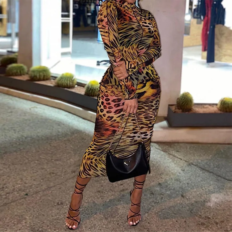 

Leopard Print Dresses for Women Turtleneck Long Sleeve Autumn Spring Party Prom Fashion Evening Date Casual Daily Dress 2022 New