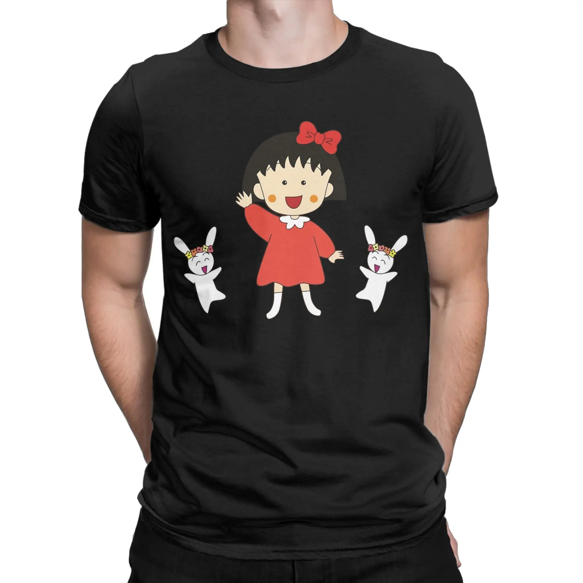 Фото Футболка Chibi Maruko-chan с изображением кроликов, мужская футболка из 100% хлопка, винтажная футболка с круглым вырезом, футболки с короткими рукавами, одежда, идея для подарка №2