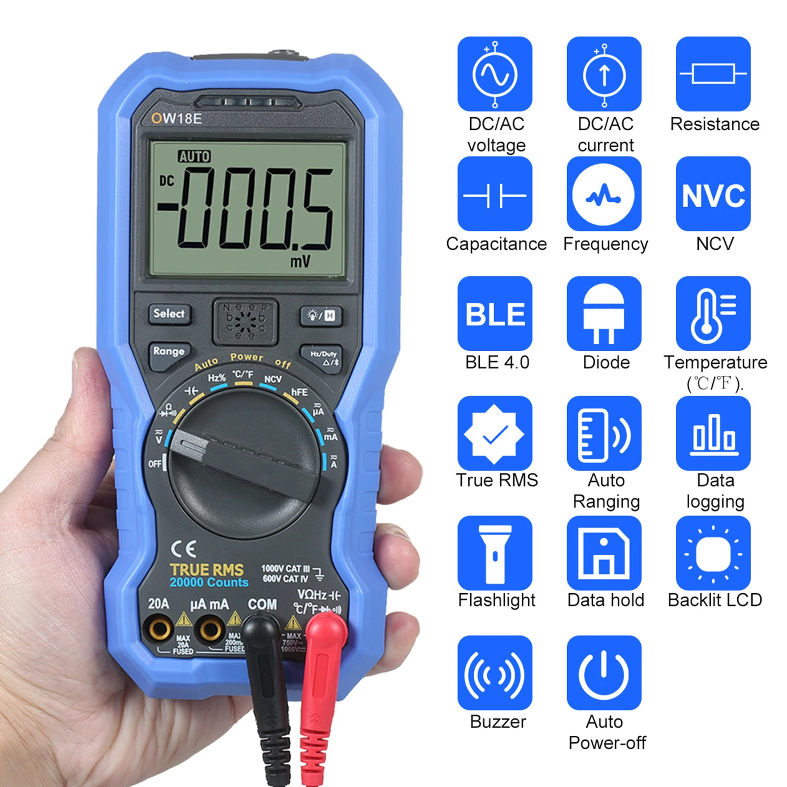 Портативный цифровой мультиметр OWON OW18E, 4 дюйма, 1/2 цифр, True RMS, Высокоточный ЖК-мультиметр с данными беспроводного подключения