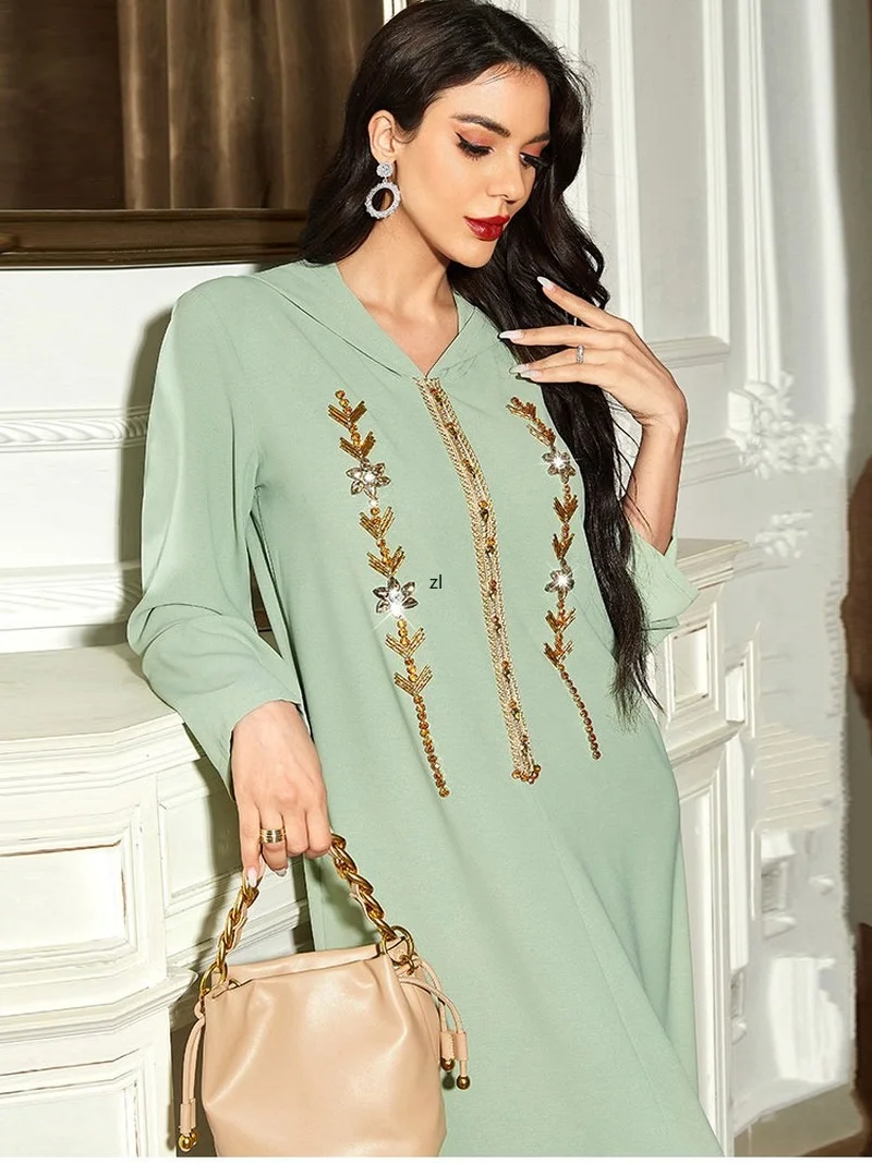 Eid Abaya Moroccan Hooded Caftan Women Handsewn Rhinestones Arab Long Dress Muslim Dubai Saudi Party Abayas Ramadan Kaftan 2022