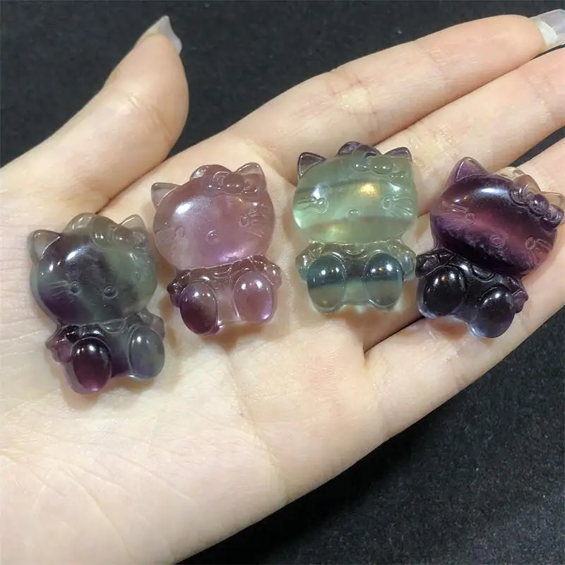 

3cm Natural Rainbow Fluorite Cartoon KT Cat Crystal Healing Energy Stone Crafts For Charms Women Jewelry Gift 4pcs