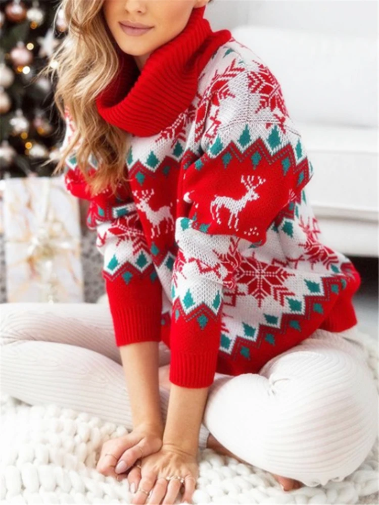 

Рождественский свитер с высоким воротником, теплый женский зимний толстый джемпер с длинным рукавом, красный свитер со снежинками для женщин