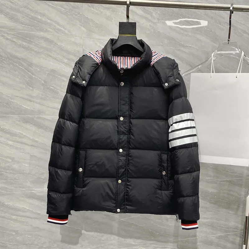 Winter Down Jacket Luxury Brand Classic White Striped Design Duck Down Jacket Korean Fashion Style Hooded Short Jacket