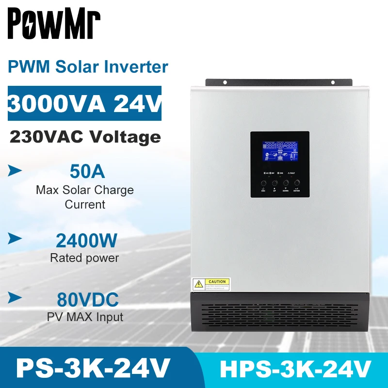 

POWMR 3000VA 2400 Вт Чистый синусоидальный Гибридный солнечный инвертор 24VDC 220VAC выход Встроенный 50A ШИМ контроллер солнечного зарядного устройства...