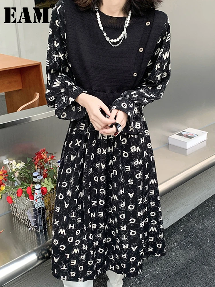 

[EAM] женское длинное Повседневное платье с буквенным принтом, новинка, круглый вырез, длинный рукав, свободный крой, весна-осень 2022, 1DE7109