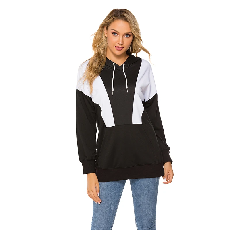 

Women's Hooded Hoodie Sweatshirts Black And White Contrast Color Autumn And Winter Fashion Ladies Loose Casual Hoodie
