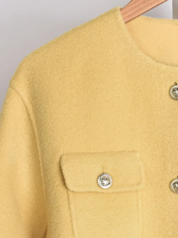 

Women Single Breasted Double Sided Woolen Coat Female 2022 Spring Lace-Up O-Neck Yellow Cardigan Jacket with Pockets