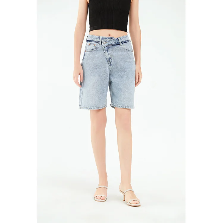 Women Spring Summer Ago Retro High Waist Design Crossed Waist Straight Knee Length Tube Jeans