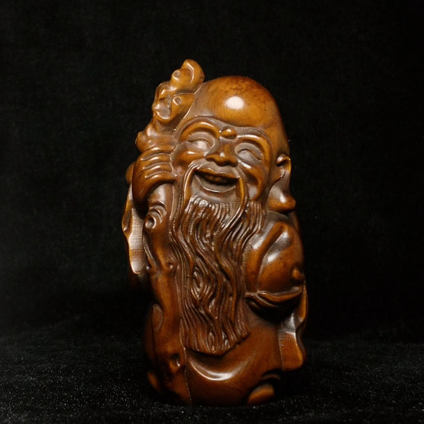 

H 8.3 CM Chinese boxwood hand carved Peach god of longevity Buddha Figure statue decoration Gift collection