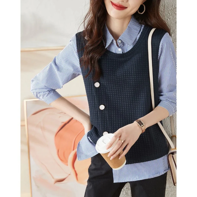 Полосатые рубашки с имитацией двух частей в стиле пэчворк весенне-осенняя