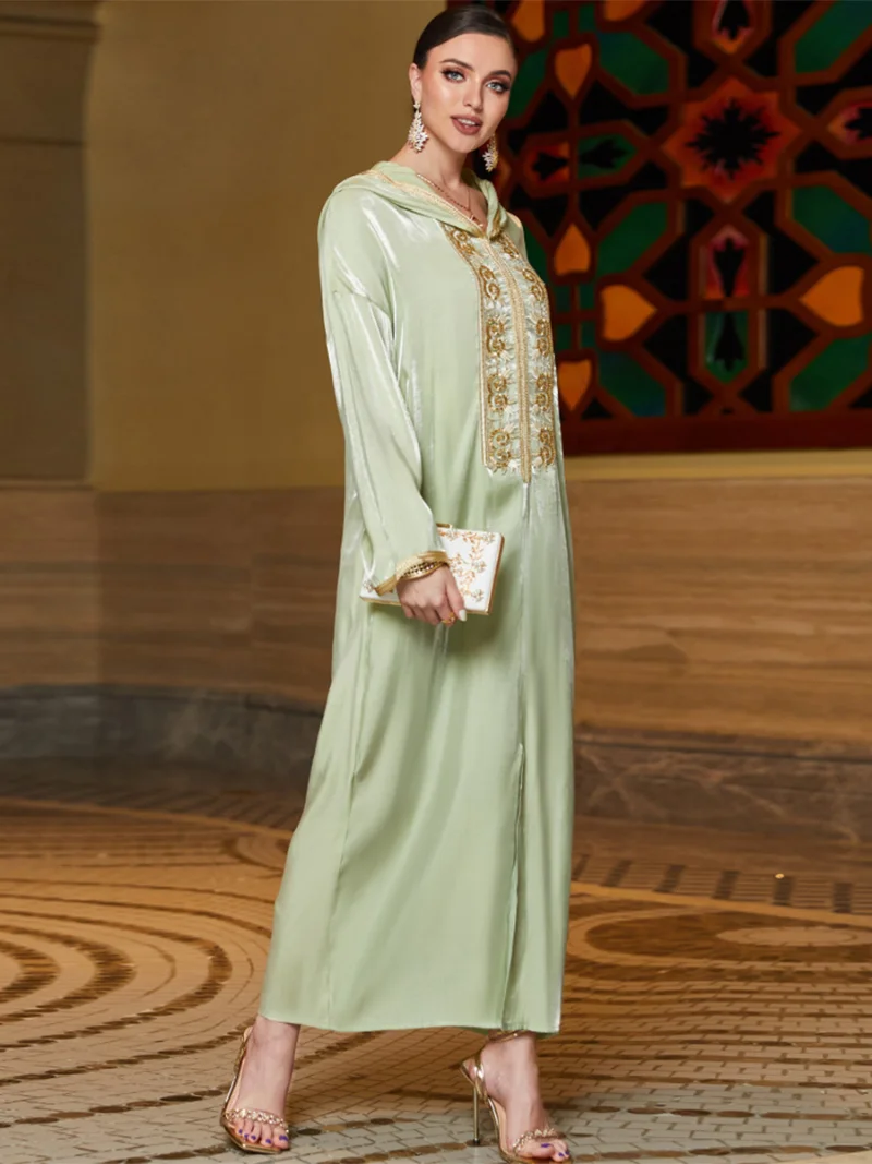 Floral Embroidery Lace Tape Hooded Dress Luxury Diamonds Solid Color Shiny Abaya For Women Dubai 2023 New in Dresses
