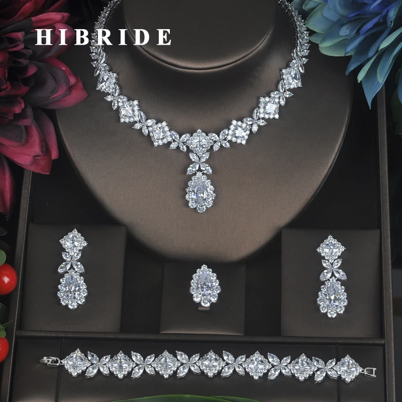 Fashion Clear Crystal Cubic Zirconia Jewelry Sets For Women Bridal Wedding Sets 4 pcs Earring Necklace Ring Bracelet Gift N-315