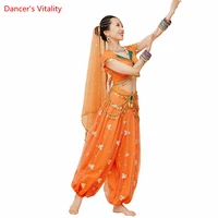 Indian Dance Performance Clothes Adult Belly Dance Clothes Short Sleevess Top+pants+Veil 3pcs Indian Saree Competition Outfit