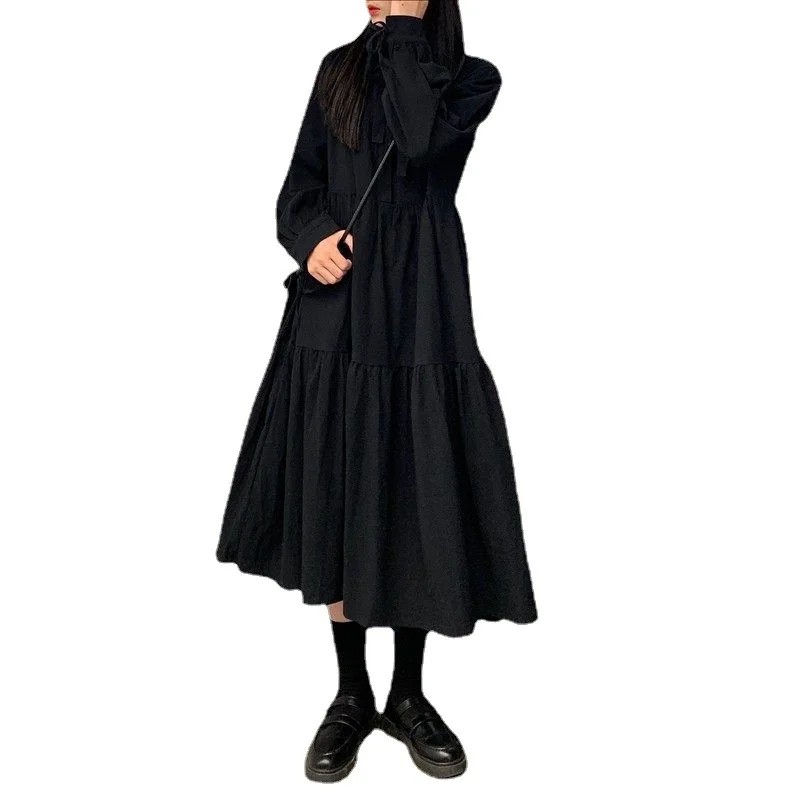 

Новинка весна-осень стильное платье с воротником-поло с длинным рукавом юбка-торт длинная юбка Женская Студенческая Корейская версия