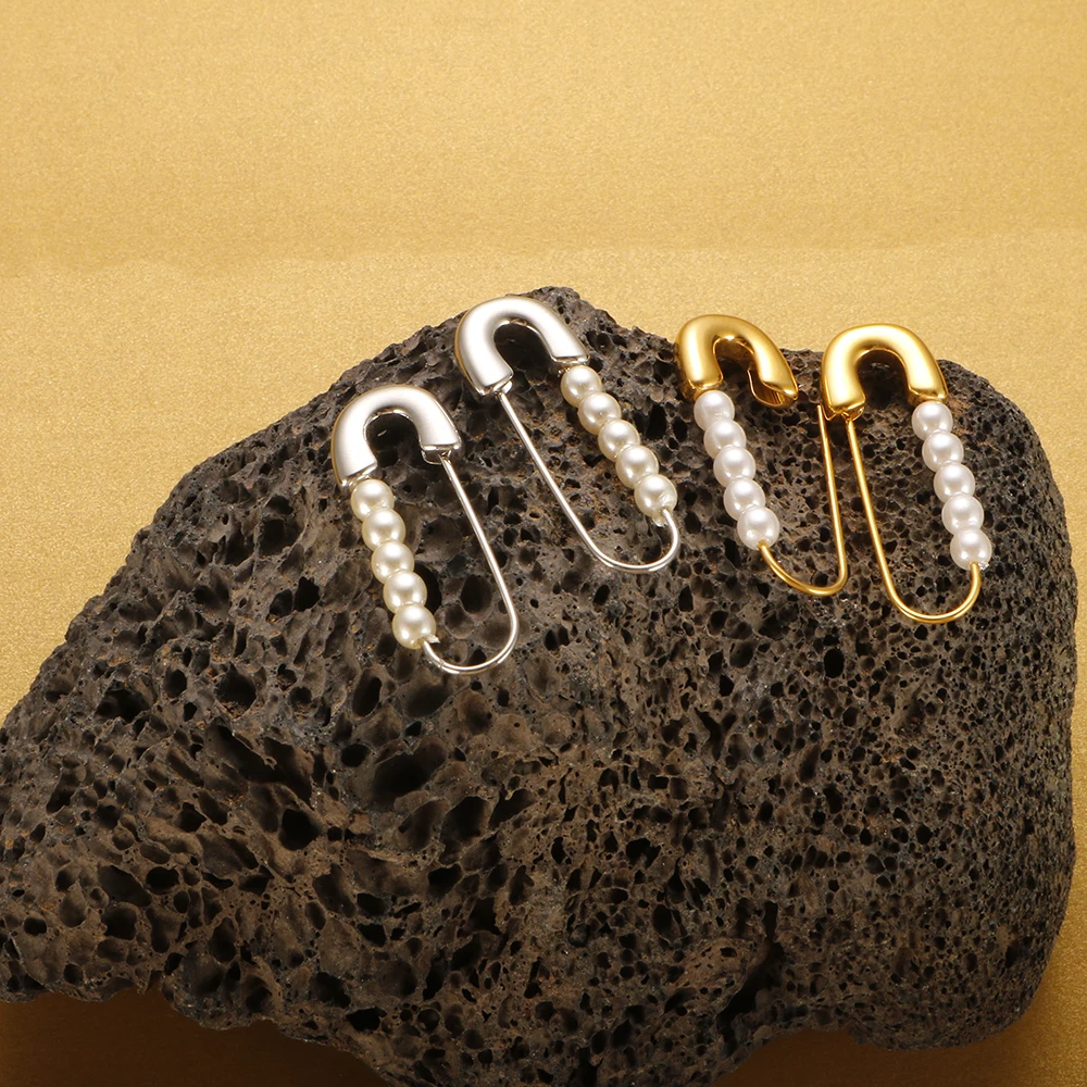 

Personalized Stainless Steel Safety Pin Imitation Pearl Drop Earrings For Women Girls Gold Plated Earring Jewelry Gift