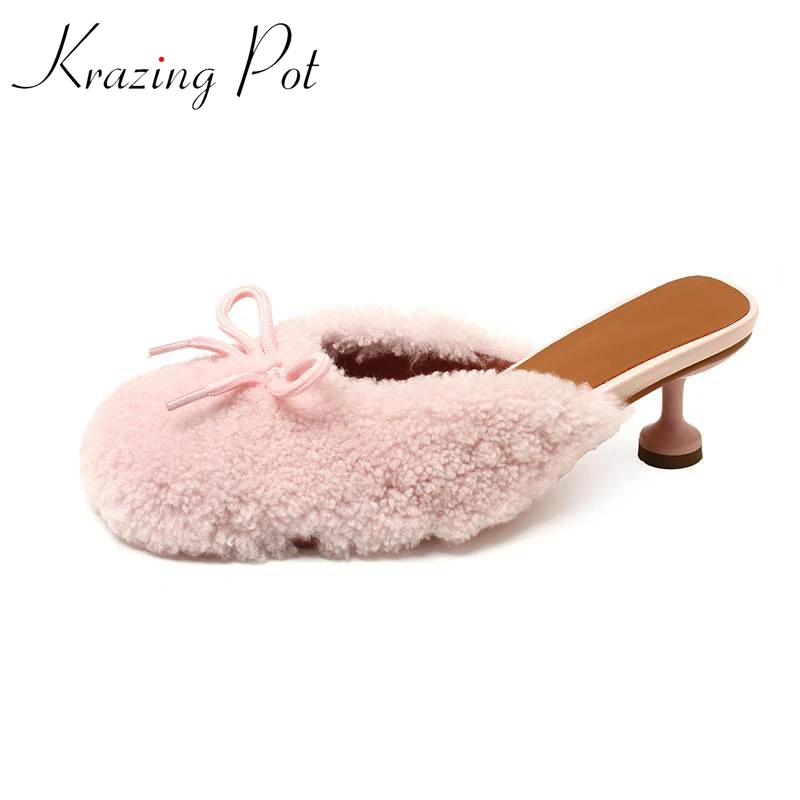 

Krazing Pot 2023 mules wool sheep fur modern fashion Slip On round Toe Butterfly-knot strange style thin high Heels Women Pumps