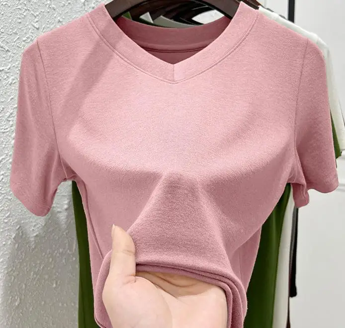

Short sleeved T-shirt Women's wide brimmed V-neck solid color