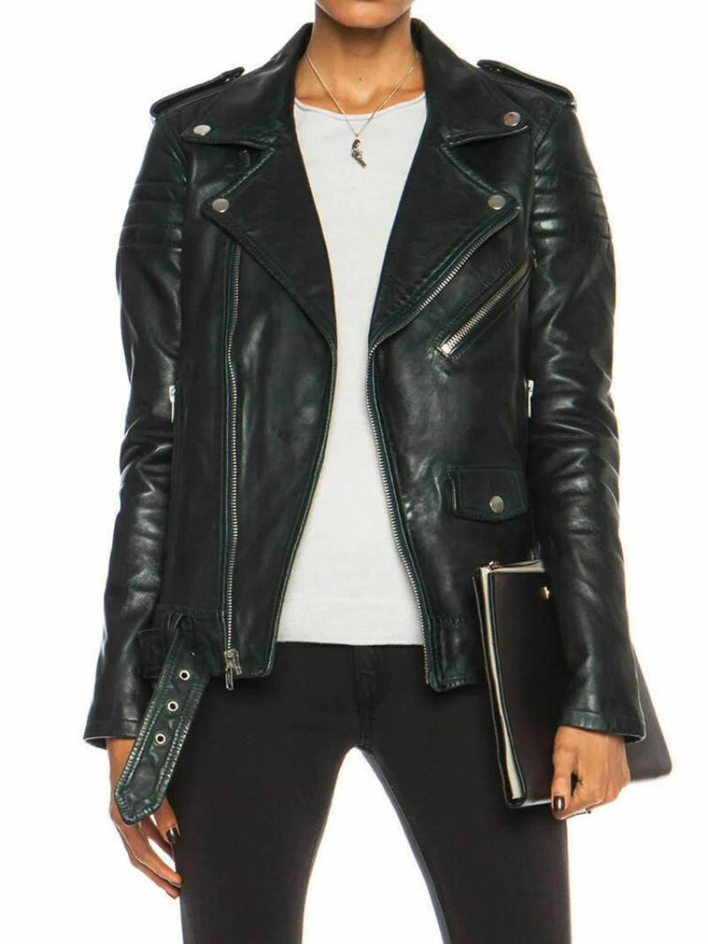 Leather Jacket Women Slim Fit Black Cafe Racer Genuine Lambskin Motorcycle Biker Jacket Fashion Coat