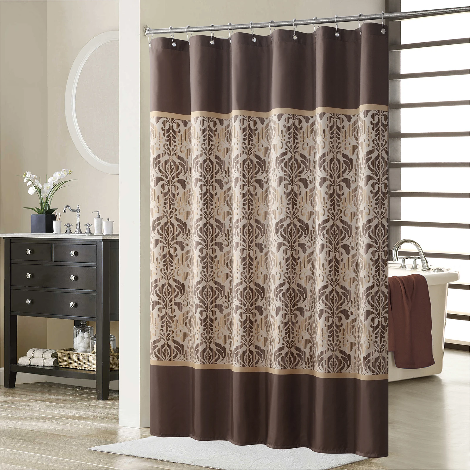 

Sterling Chocolate Farmhouse Classic Polyester Waterproof Fabric Modern Damask Printed Decorative Brown Shower Curtain