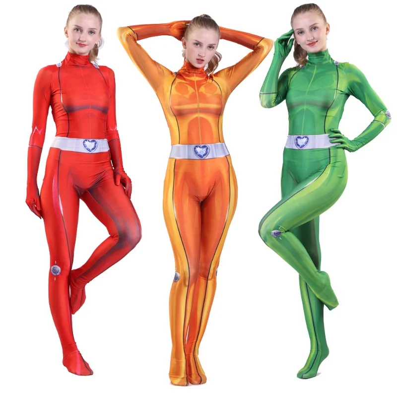 

Totally Spies Clover/Sam/Alex/Britney/Mandy Cosplay Costume Zentai Halloween Bodysuit Girls Women Suit Adults Kids Jumpsuits