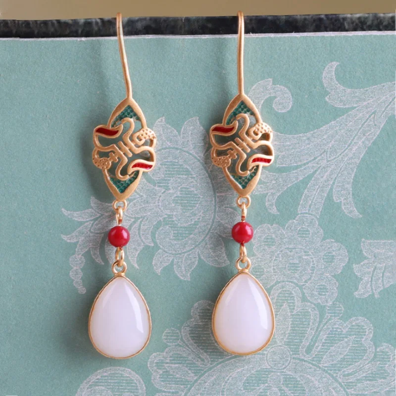 

New in Ancient gold craft retro enamel Natural Hotan Jade water-drop earrings for women Chinese style engagement jewelry gift