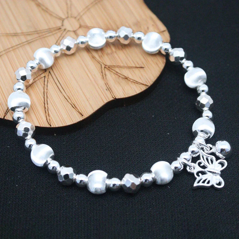 Настоящая 999 тонкая серебряная бусина 7 мм с браслетом-бабочкой подходит для