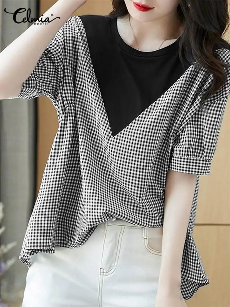 

Bohemian O Neck Half Sleeve Tops Celmia Office Plaid Blouses Stylish Patchwork Color Contrast Shirt Korean Style Casual Chemise