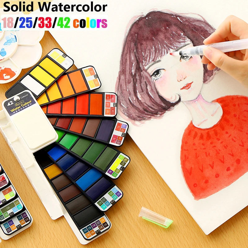 

18/25/33/42 Color Solid Watercolor Paint Portable Set Acuarelas With Water Brush Pen Foldable Travel Water Color Pigment Draw