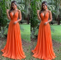 2020 stylish deep v neck orange long cheap bridesmaid dresses with spaghetti straps chiffon empire new wedding prom formaldress