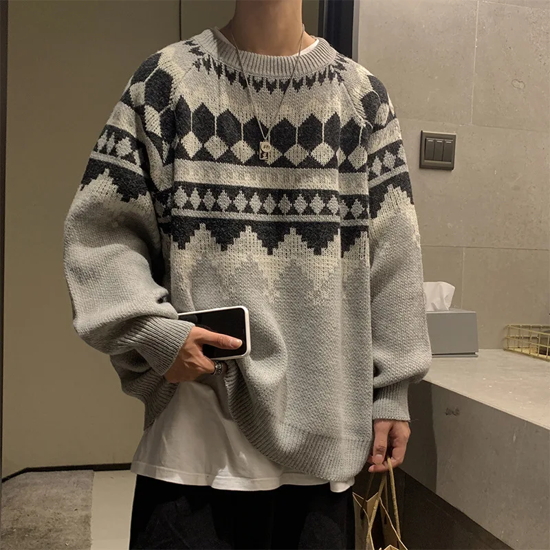 

Зимняя одежда в стиле хип-хоп с круглым вырезом, повседневный Свитер оверсайз, свитер, пуловер, джемпер, жаккардовый теплый дедушка в стиле Харадзюку, винтажный Корейский мужской свитер