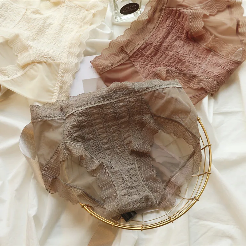 

New Panties Women's Sexy Lingerie See-through Lace Mesh Cotton Crotch Thin Traceless Underwear Girls Briefs