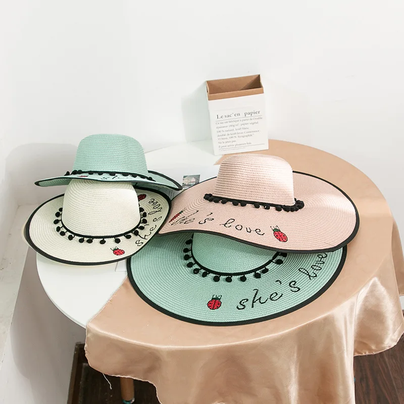 

Summer Big Cartoon Lady Beetle Along Together Female Straw Hat Sun Hat Beach Sun Straw Hat Fashion Elegant Art Wind Caps
