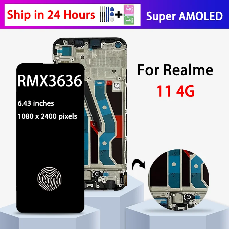 Фото 6,4-дюймовый Super AMOLED-дисплей для Oppo Realme 11 4G LCD RMX3636, сенсорный экран с рамкой, замена дисплея для Realme11 4G №1