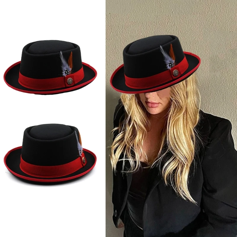 

Шляпа дерби с перьями в этническом стиле Красочная фетровая шляпа джентльмена для карнавалов