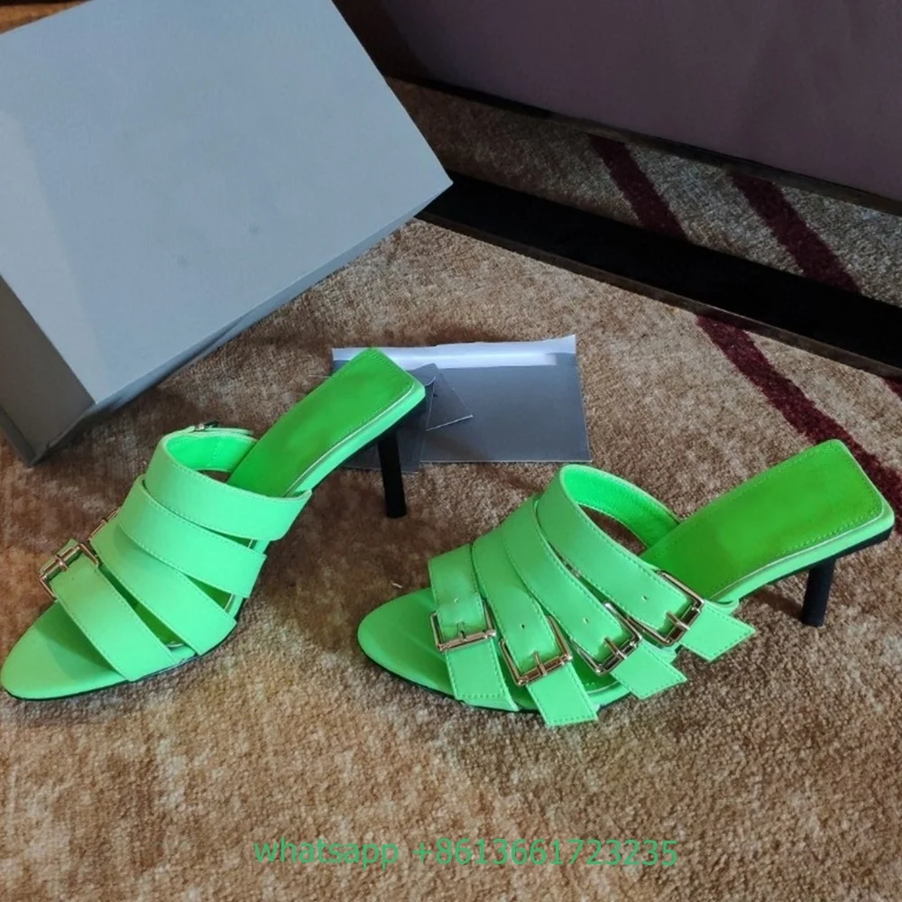 Four Belt Buckle Peep Toe Slippers Stiletto Heel Slip on Sandals Solid Color PU  Women Summer Sandals Casual High Heel Slides