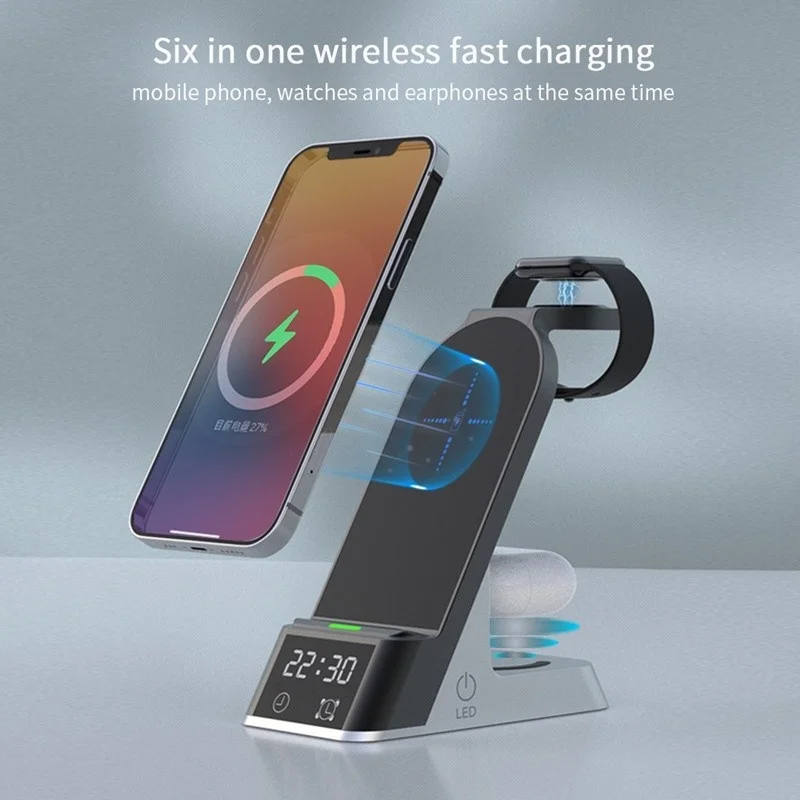6IN1 Alarm Clock Wireless Charger Stand For Airpods Pro Apple Watch 15W Fast Charging Station For Iphone XR XS 11 12 13 Pro Max