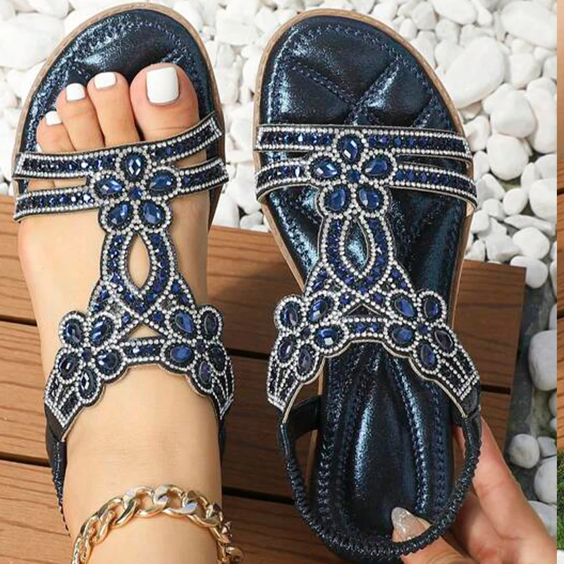 Women Hollow Sandal Glamorous Rhinestone Decor Glamorous Sandals 2023 New Ankle Strap Summer Outdoor Slippers Casual Woman Shoes